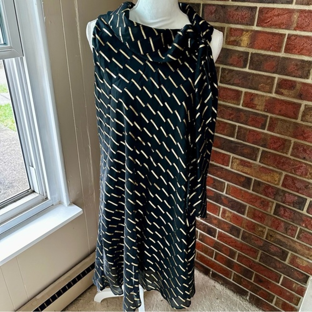 Robbie Bee Black Gold Sleeveless A-Line Dress Shear Sheath Scarf Cowl Neck Party